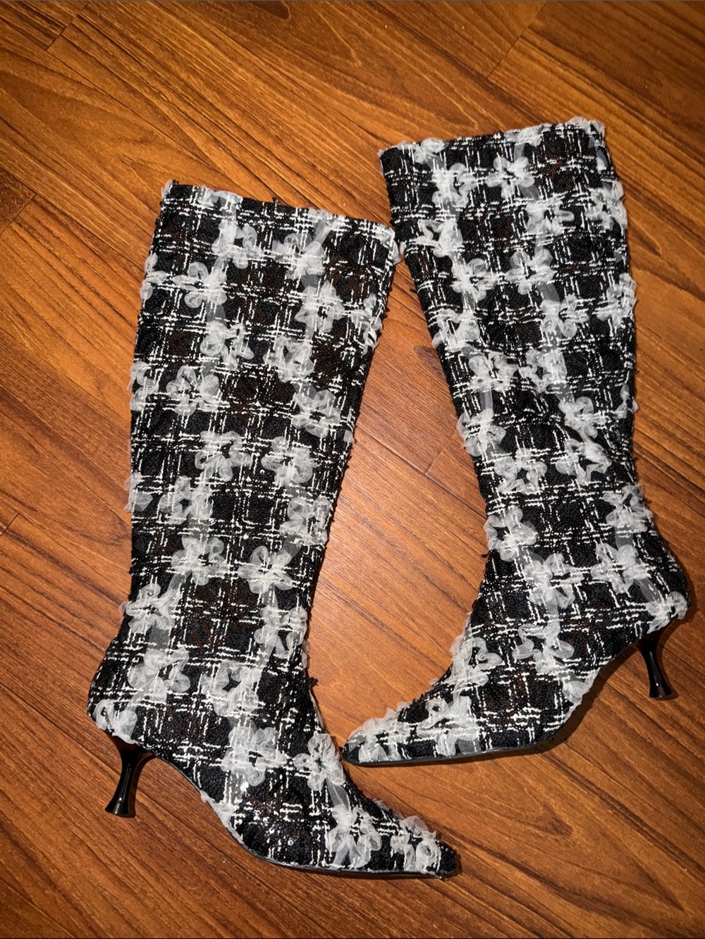 Betsey Johnson Black & White Tweed Knee-High Stiletto Boots